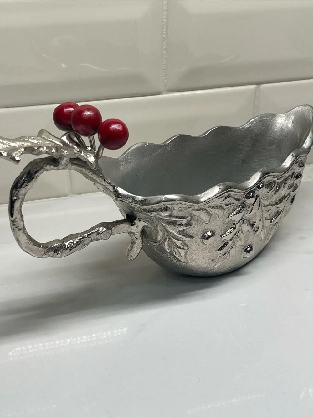 Gravy Boat -VTG- Silver - Metal - Holly Berry Christmas, Textured, 10Heavy Solid
